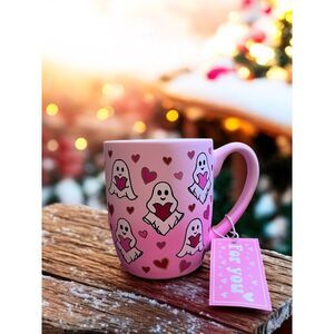 Pink Ghost Mug Soft-Touch Finish Red & Pink Hearts w/Gold Valentine's Day‎ Gift